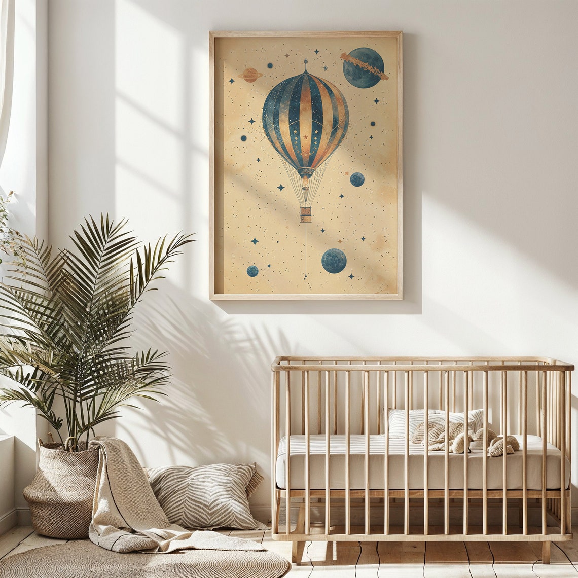 Vintage Starry Hot Air Balloon Planets Cosmic Nursery Poster - Image 4