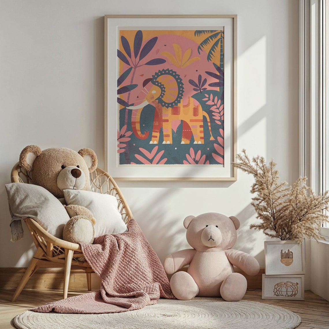 Bold Patterned Orange Elephant Pink Sun Jungle Nursery Poster - Image 2