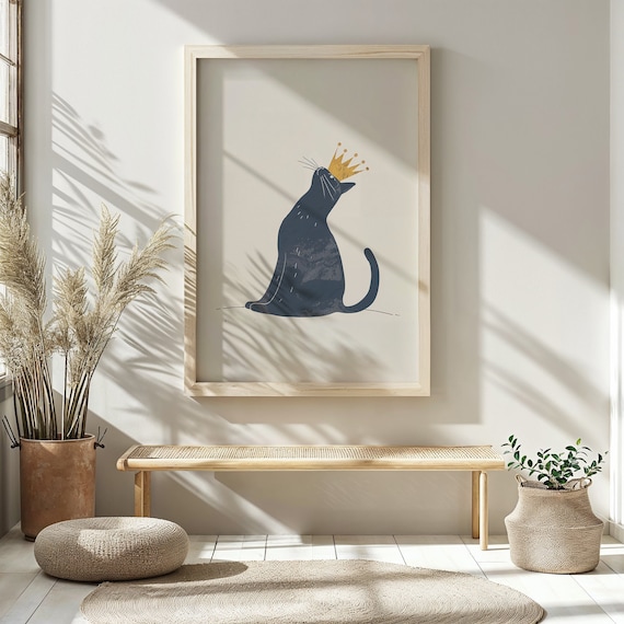 Navy Blue Cat Gold Crown Minimalist Cream Nursery Animal Wall Poster