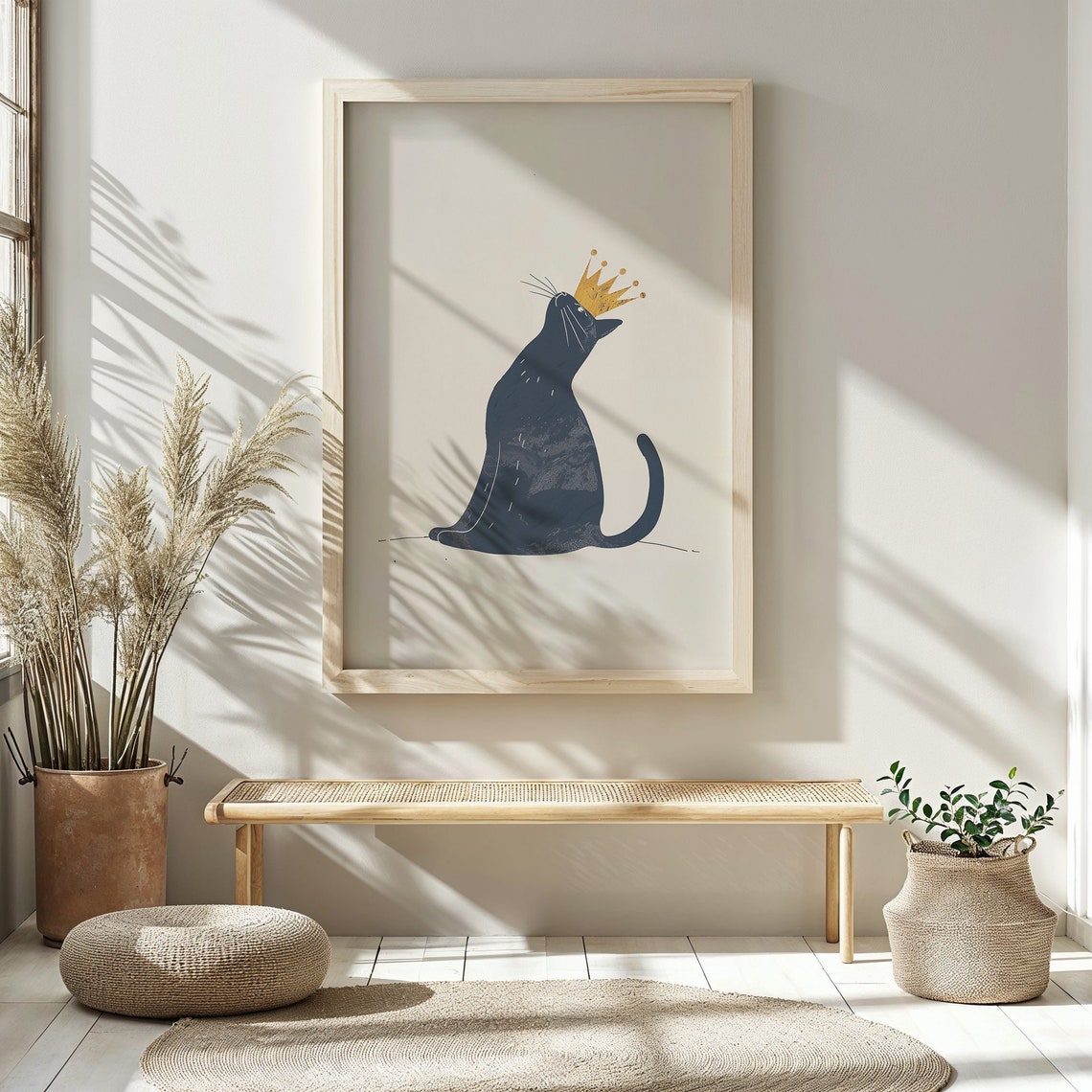 Navy Blue Cat Gold Crown Minimalist Cream Nursery Animal Wall Poster