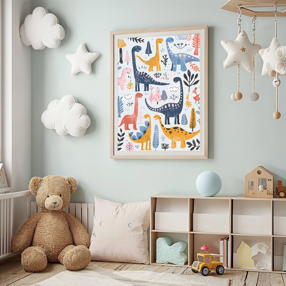 Colorful Long Neck Dinosaurs Pattern White Kids Room Nursery Poster - Image 2