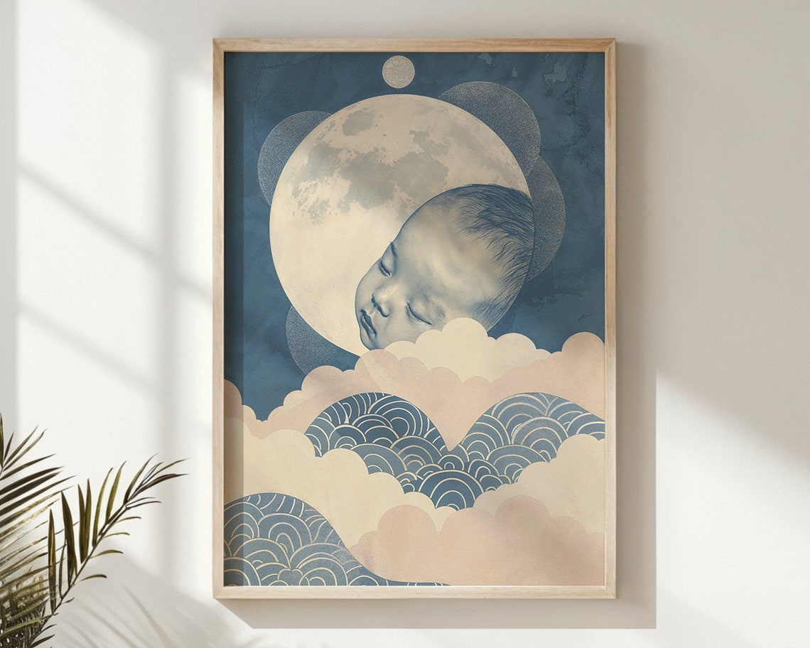 Sleeping Baby On Full Moon Over Clouds And Waves Celestial Art Poster