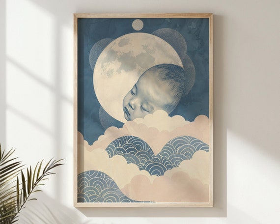 Dreamy Moon And Clouds Nursery Wall Art Serene Baby Sleep Celestial Kids Poster Peaceful Night Sky Decor Instant Gift