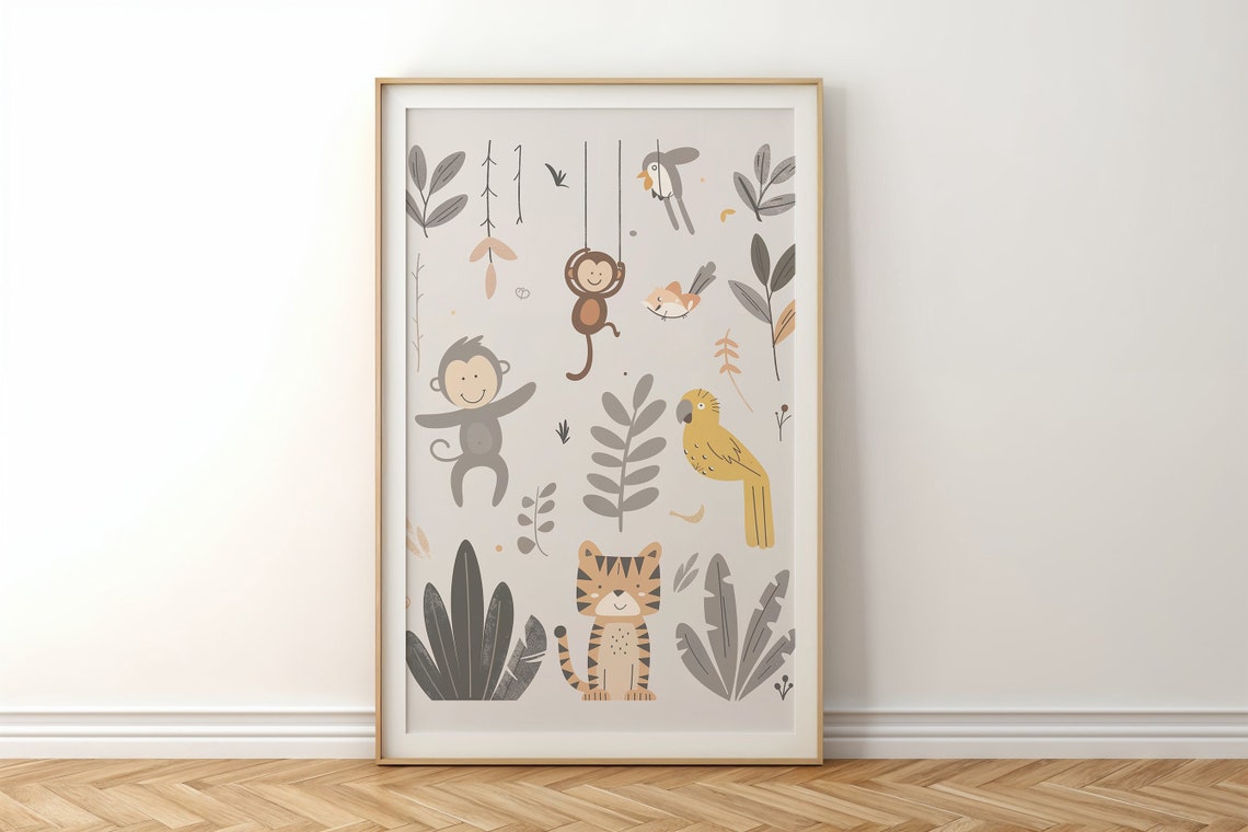 Jungle Animals Nursery Poster Monkeys Parrot Tiger Botanical Kids Art - Image 3