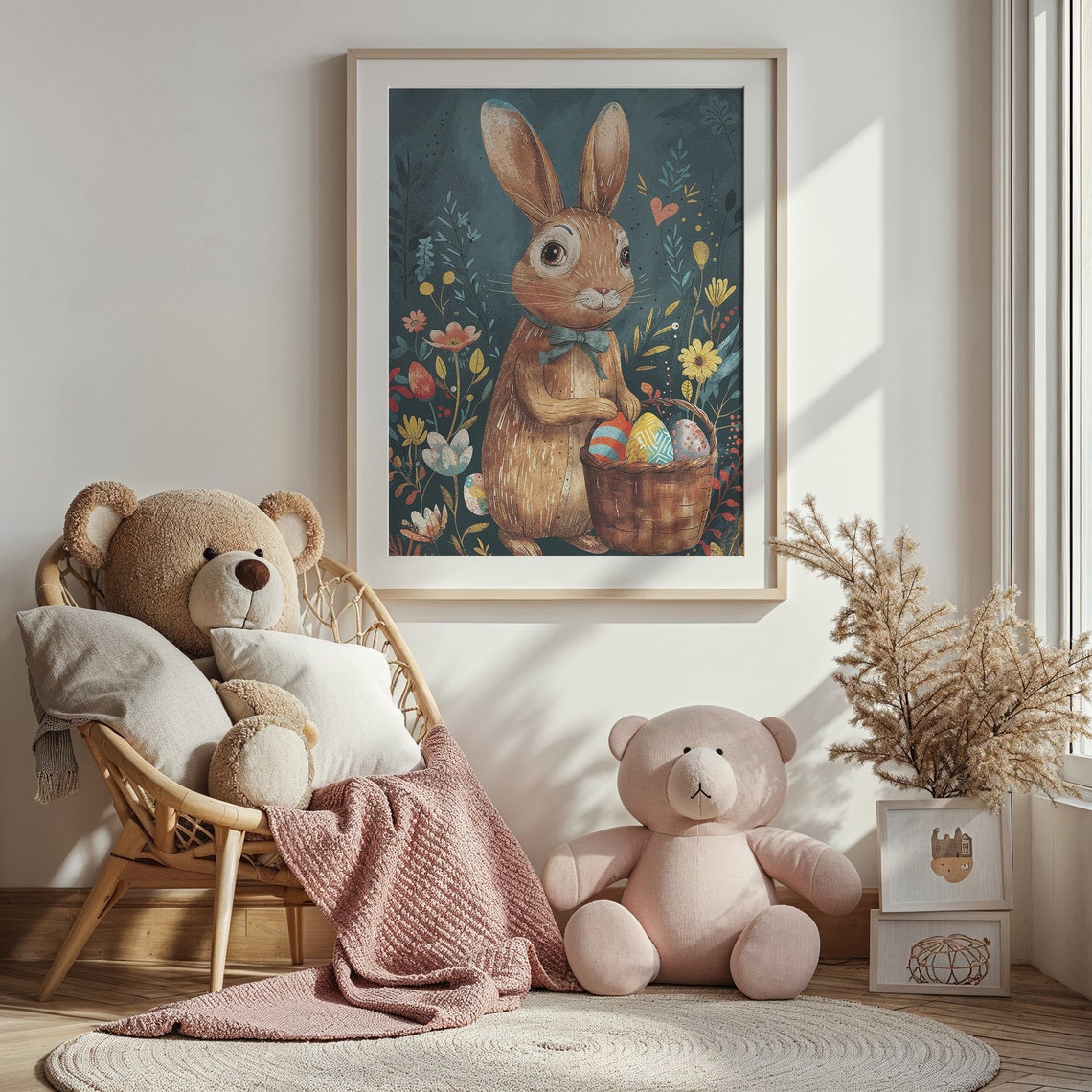 Brown Bunny Bow Tie Egg Basket Vintage Floral Easter Kids Poster - Image 3