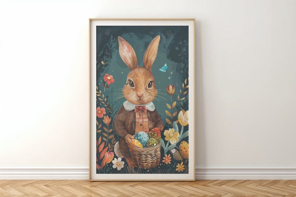 Dapper Brown Bunny Bow Tie Egg Basket Dark Floral Easter Poster - Image 6