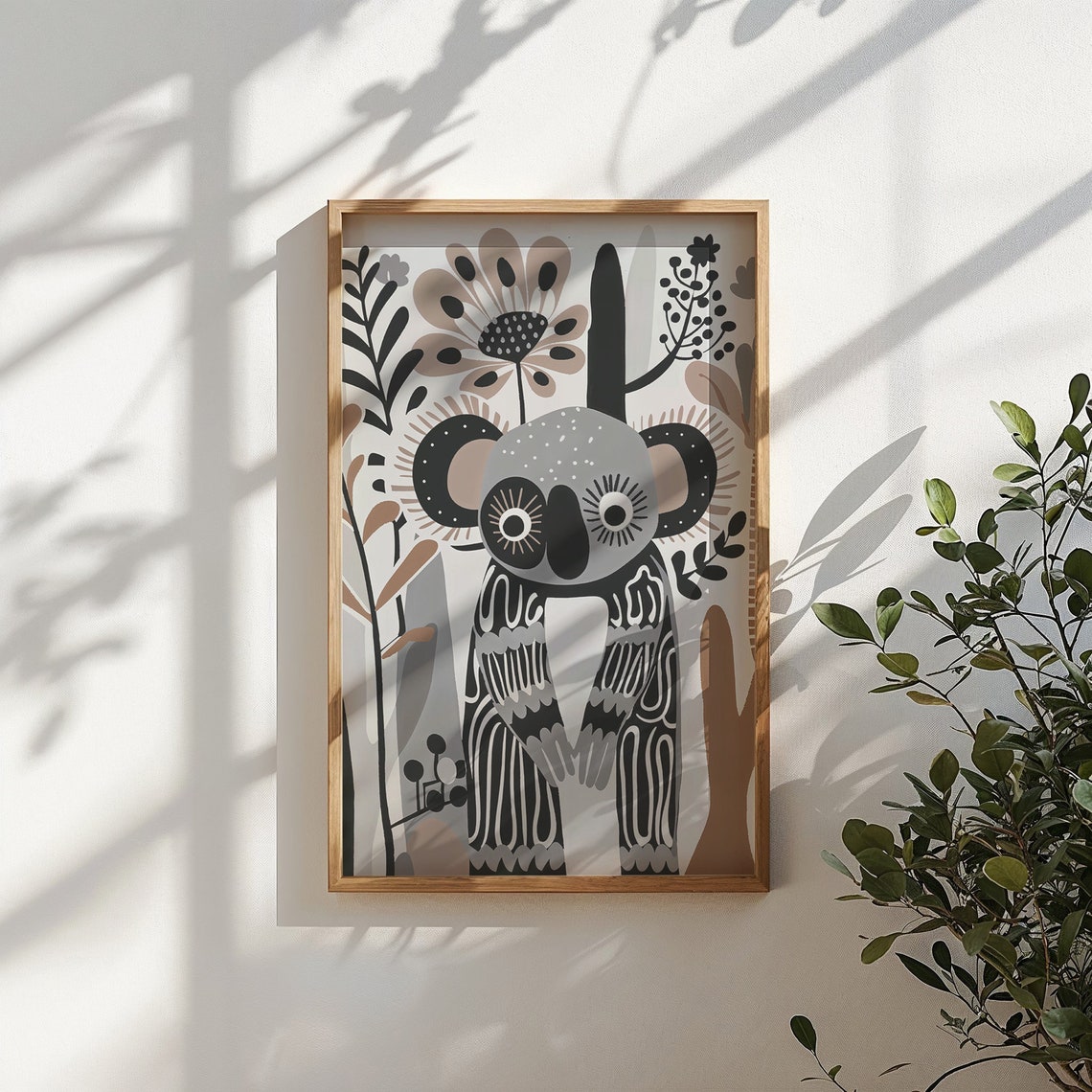 Monochrome Koala Folk Art Nursery Poster Black White Botanical Print - Image 5