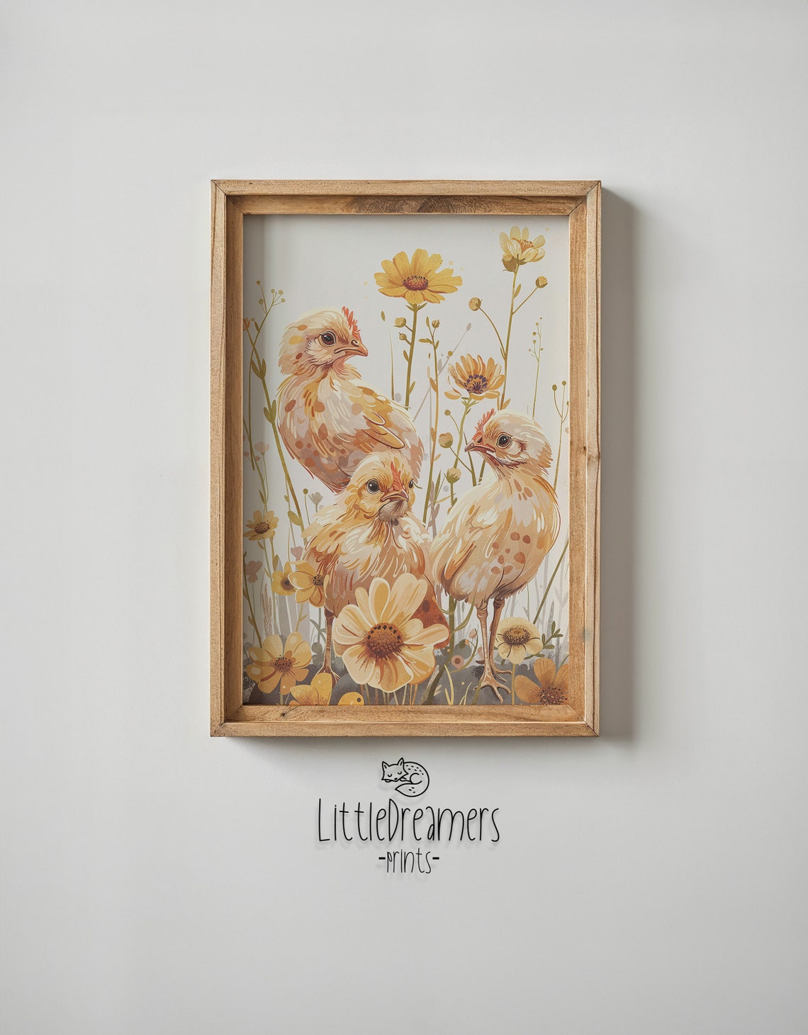Three Baby Chicks Yellow Daisy Garden Watercolor Spring Nursery Poster