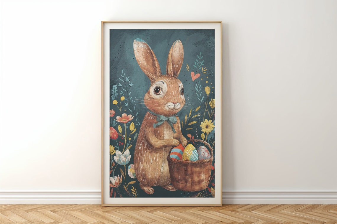 Brown Bunny Bow Tie Egg Basket Vintage Floral Easter Kids Poster - Image 6