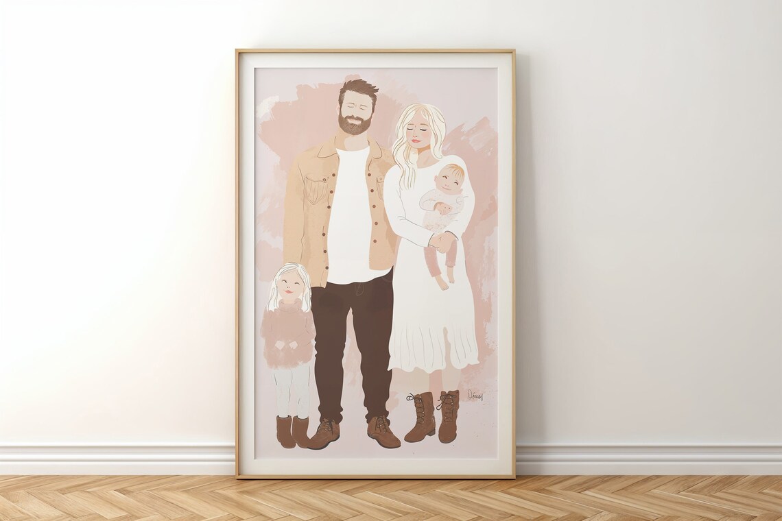 Family Of Four Watercolor Portrait Blush Neutral Custom Wall Art - Image 6