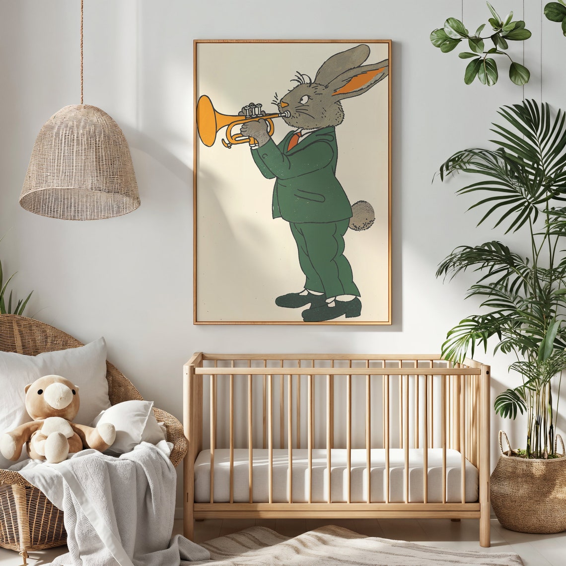 Bunny Playing Orange Trumpet Green Suit Kids Music Wall Art Poster - Image 3
