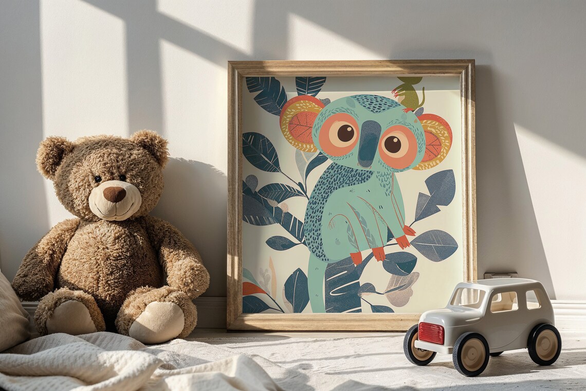 Big Eyed Teal Tarsier With Baby Jungle Leaves Nursery Poster - Image 4