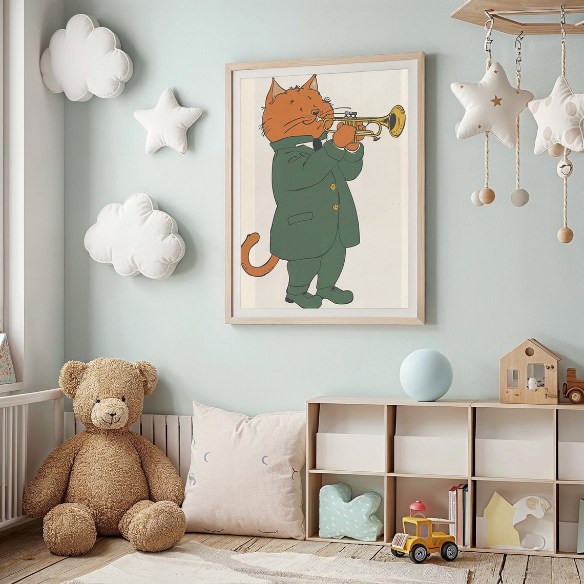 Cat Playing Gold Trumpet Green Suit Kids Music Room Wall Poster - Image 2