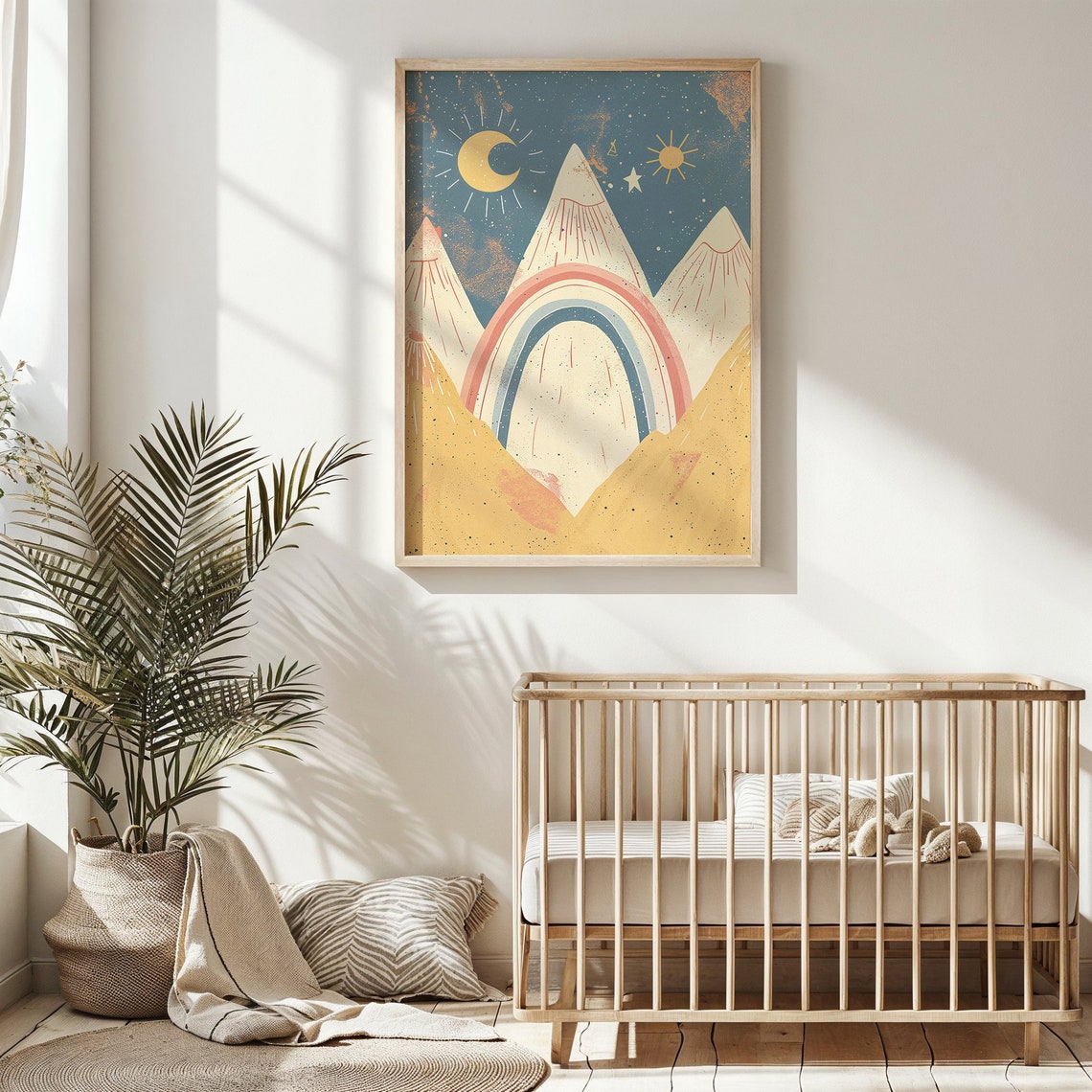 Mountain Landscape Nursery Wall Art Celestial Sun And Moon Kids Poster Childrens Room Decor Retro Rainbow Print Gift Idea