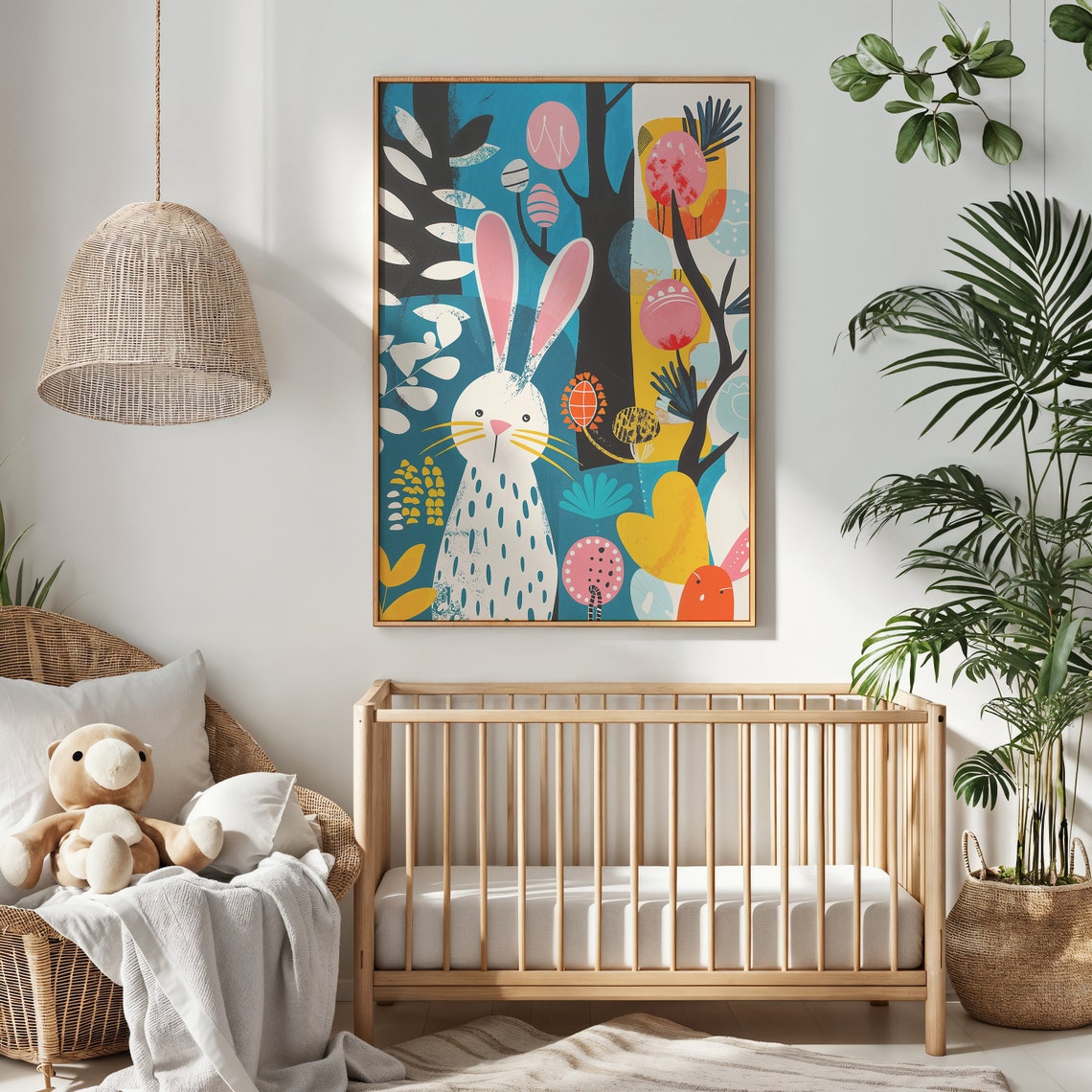 Whimsical Bunny Colorful Eggs Bold Botanical Pop Art Nursery Poster - Image 3