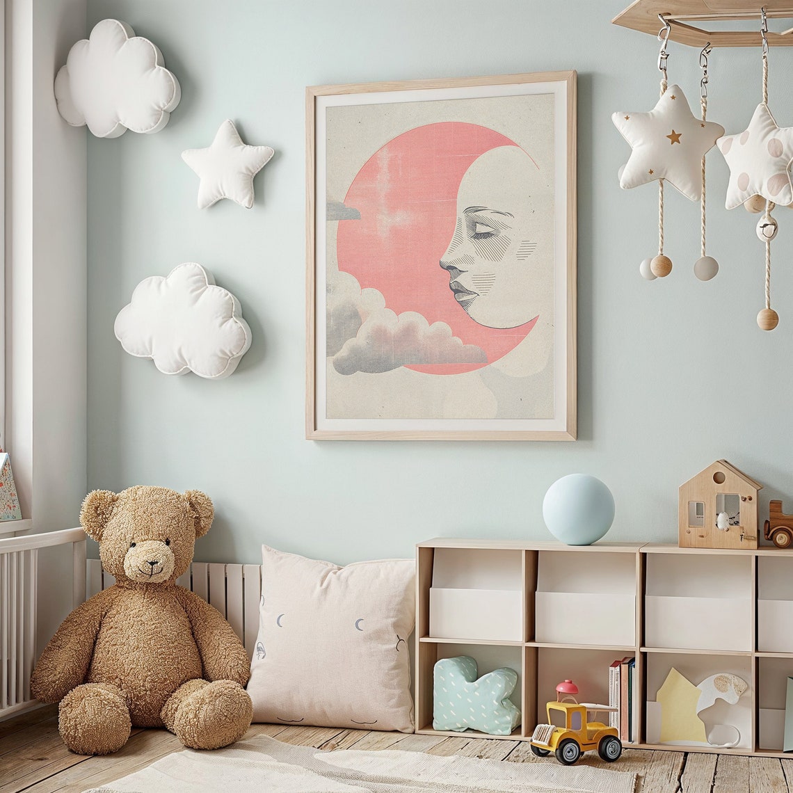 Moon And Clouds Abstract Print Nursery Wall Art Kids Bedroom Celestial Decor Vintage Style Moon Face Poster Gift - Image 2