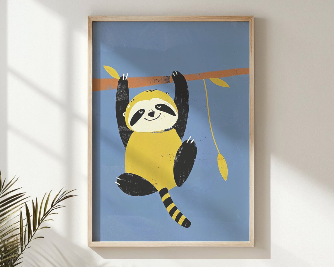 Cute Sloth Hanging From Branch Cartoon Nursery Kids Room Animal Poster - Image 5