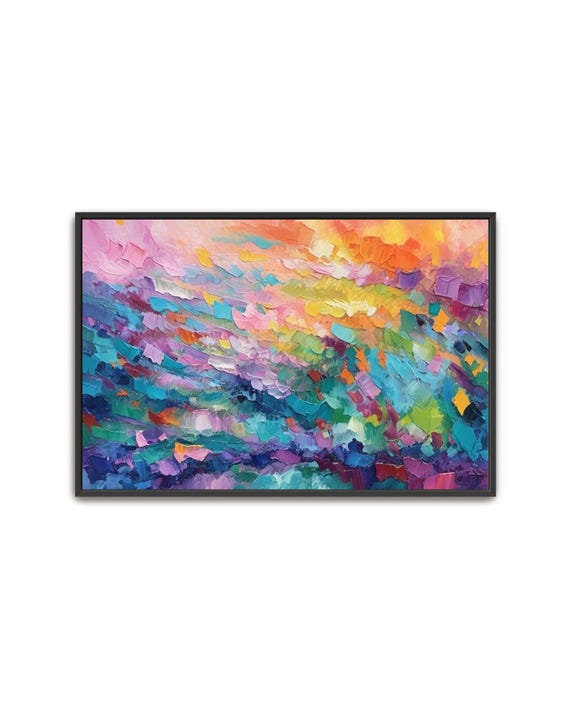 Hand Painted Abstract Acrylic Painting Large Artwork Wall Art Colorful Multicolored Rainbow Teal Purple Pink Textured Framed Decor
