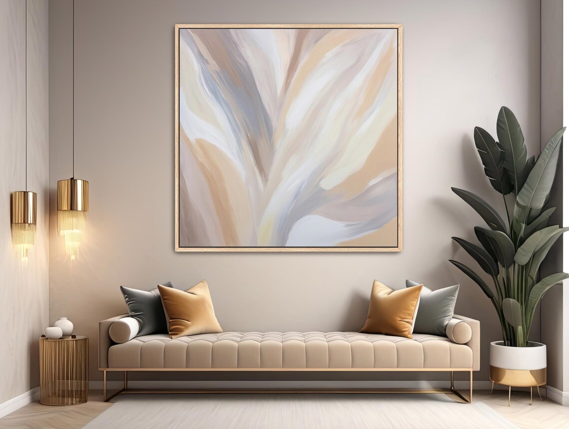 Hand-Painted Neutral Abstract Art Print, Beige and Gray - Image 2