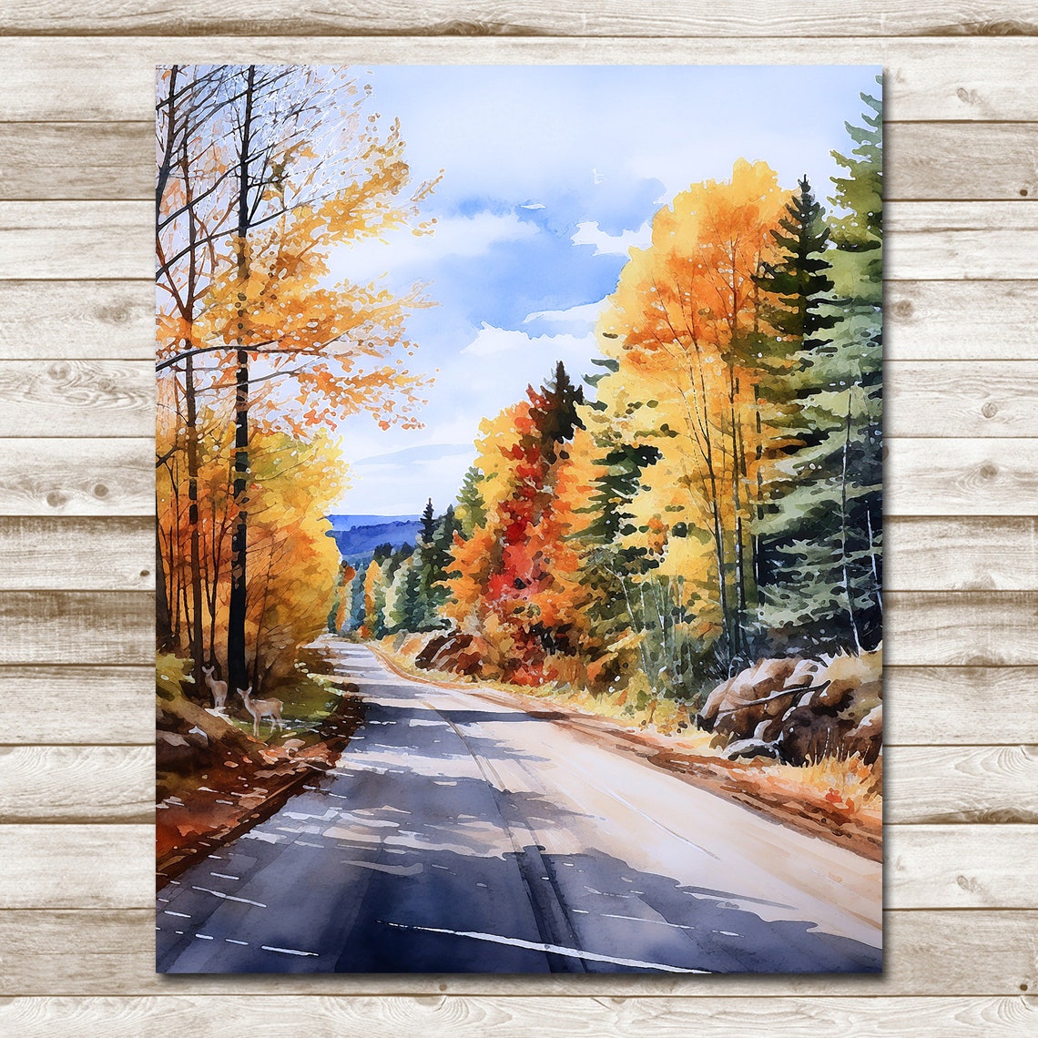 Golden Autumn Forest Road Watercolor Fall Landscape Art Print - Image 4