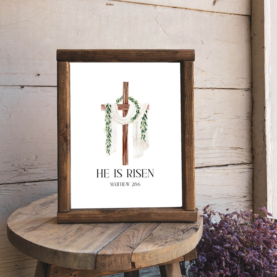 He Is Risen Matthew 28:6 Wooden Cross Easter Watercolor Poster - Image 4