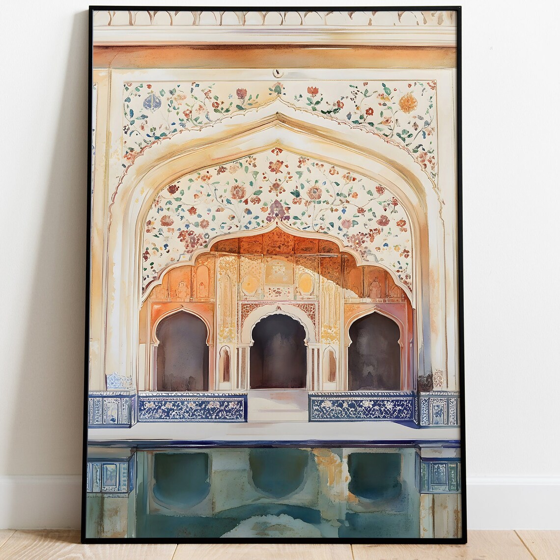 Jaipur Floral Painted Archway Blue Tile Water Reflection Art Poster