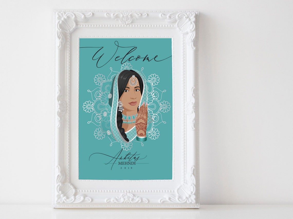 Personalized Mehndi Welcome Sign Hindu Bride Portrait Art Print - Image 2