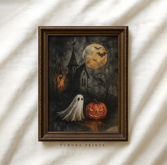 And Pumpkin Halloween Print Haunted House Illustration Spooky Gothic Wall Decor Art
