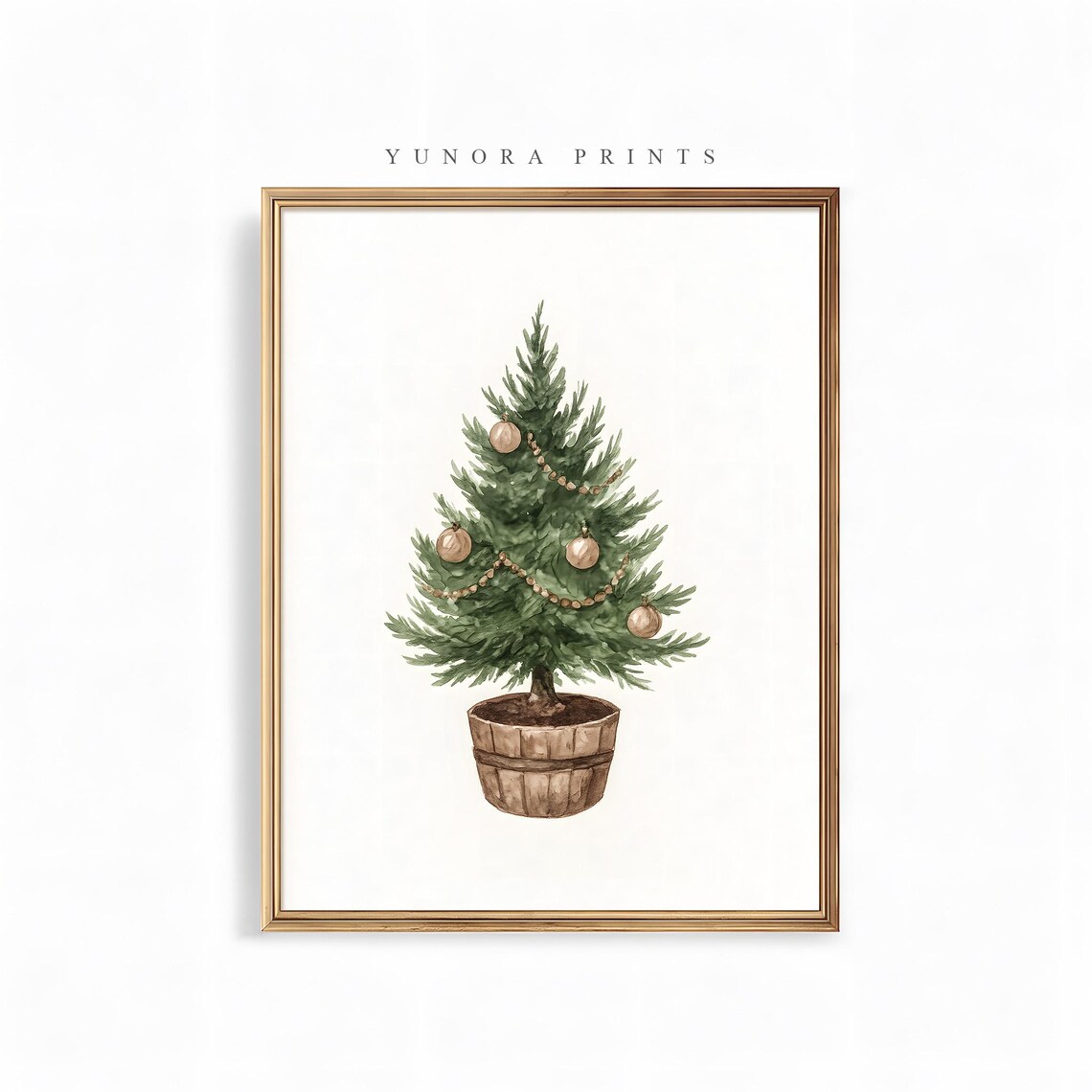 Potted Christmas Tree Watercolor Minimalist Gold Ornament Holiday Poster