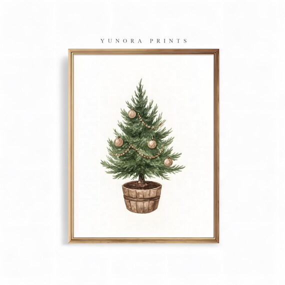 Potted Christmas Tree Watercolor Minimalist Gold Ornament Holiday Poster
