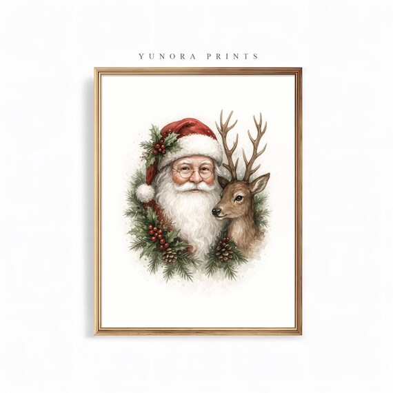 Santa Claus and Reindeer Watercolor Cozy Vintage Christmas Art Poster