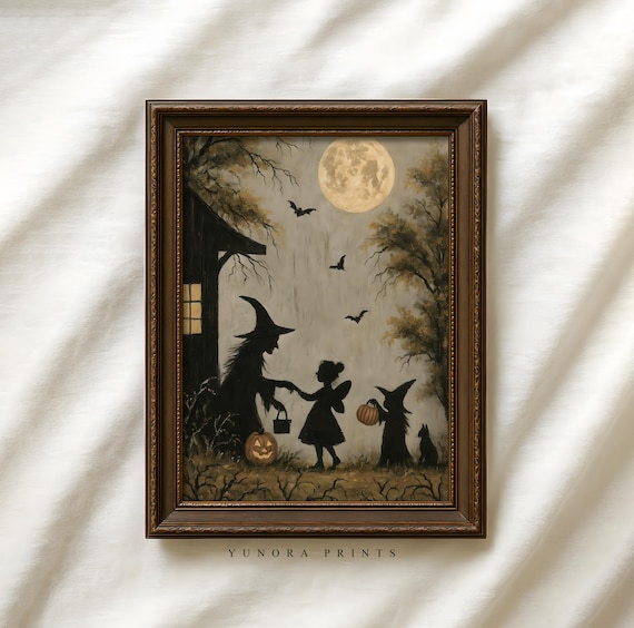 Vintage Halloween Trick Or Treat Art Print Witch Silhouette Full Moon Spooky Wall Decor
