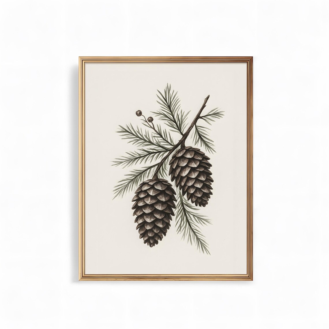 Vintage Pine Cones Christmas Art Print Botanical Winter Branch Rustic Holiday Wall Decor