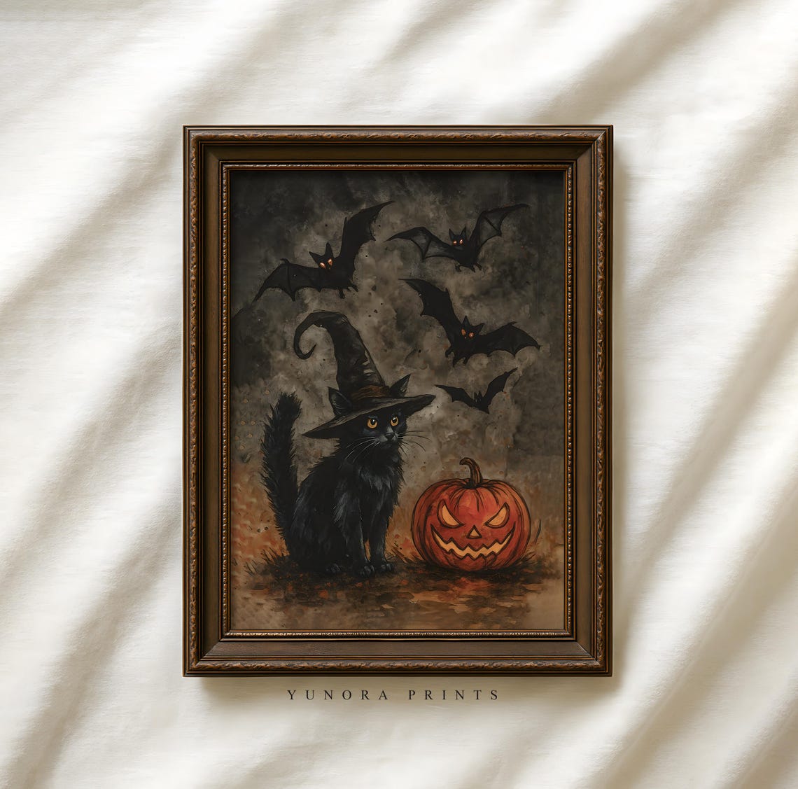 Black Cat In Witch Hat With Pumpkin Cute Spooky Halloween Poster