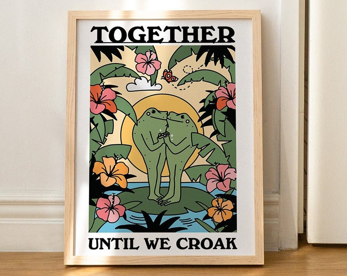 Together Until We Croak Frogs Love Tropical Flower Retro Quote Poster