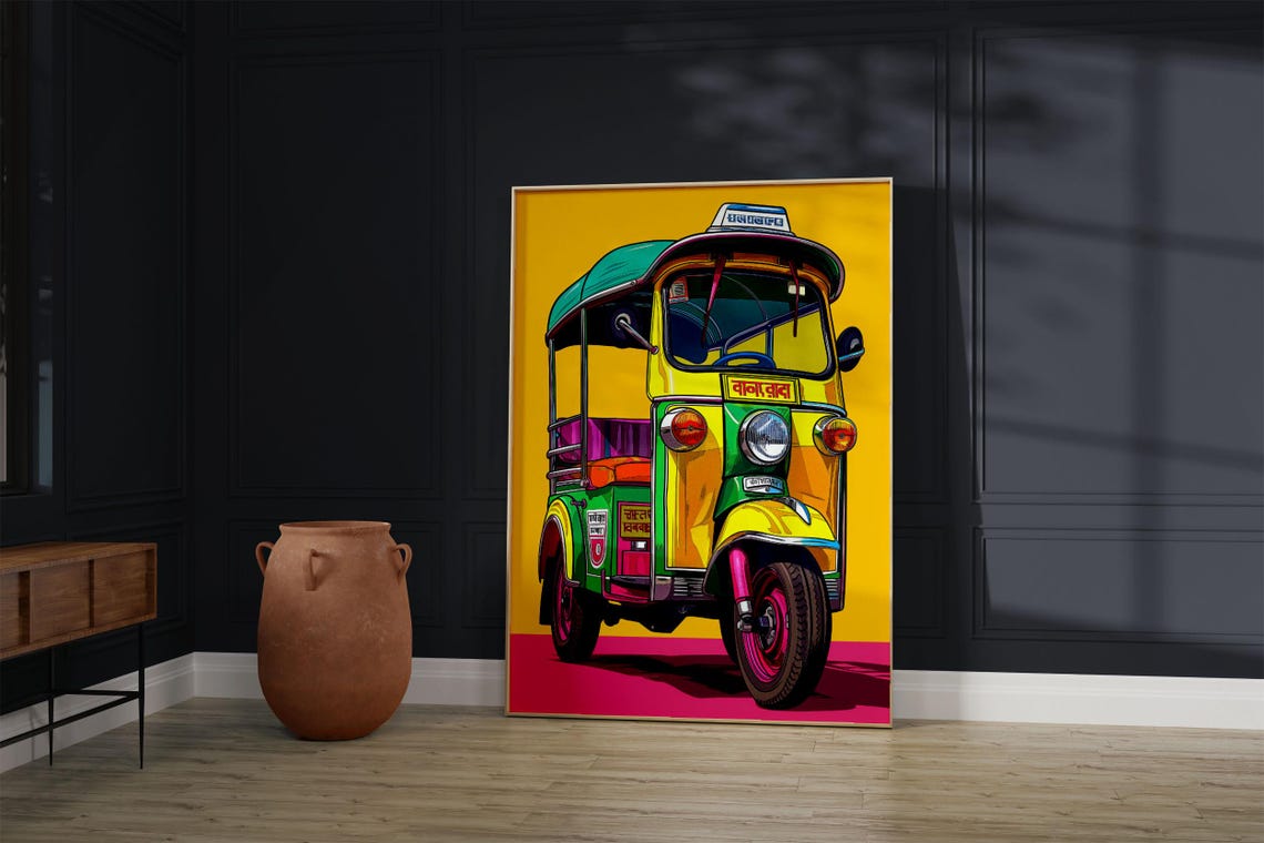 Colorful Auto Rickshaw Pop Art Illustration Yellow Background Poster