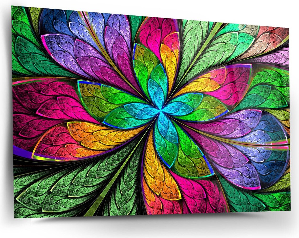 Colorful Fractal Leaf Mandala Glass Wall Art Psychedelic Flower Print