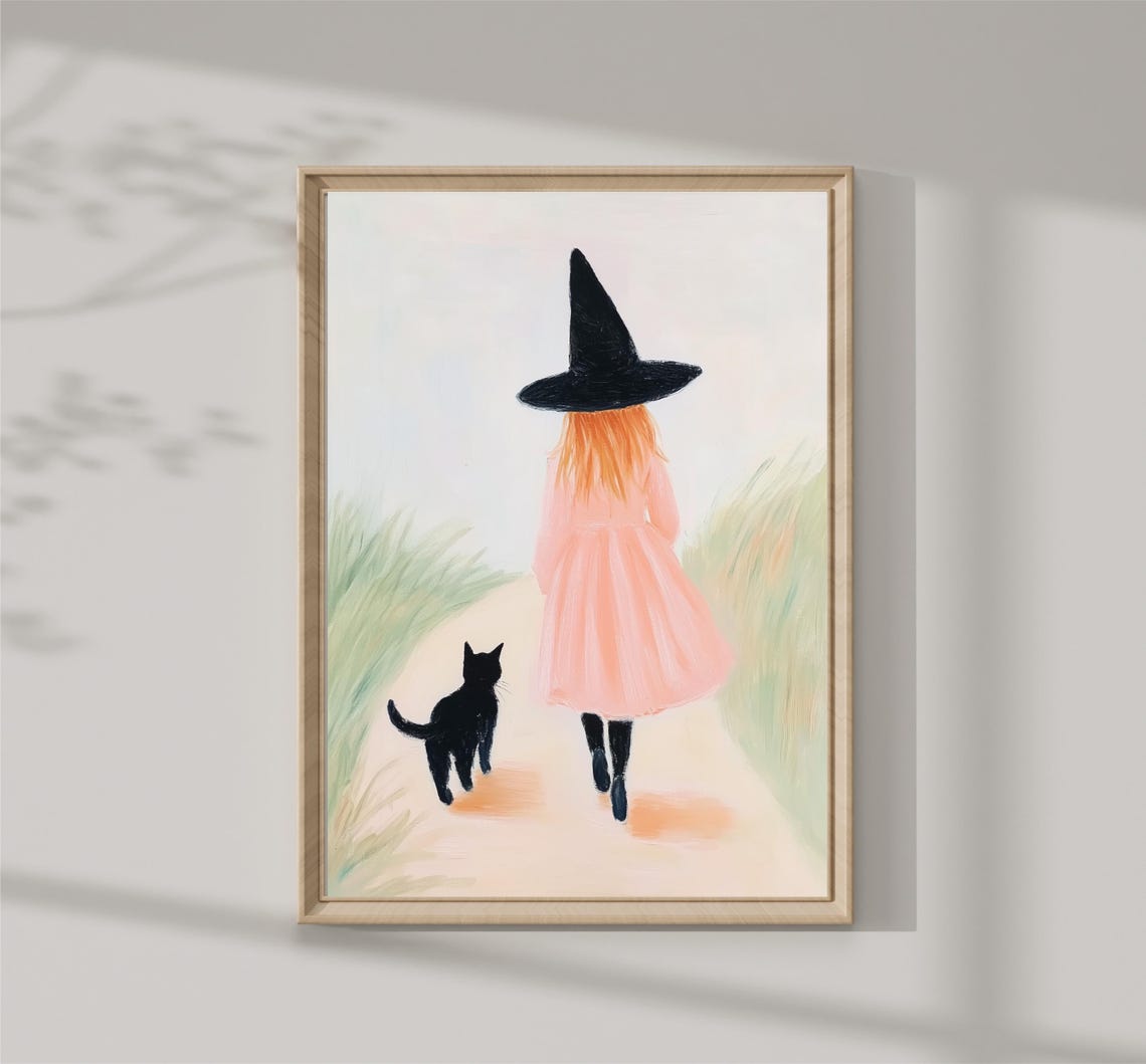 Little Witch Girl With Black Cat Walking Path Pink Halloween Print