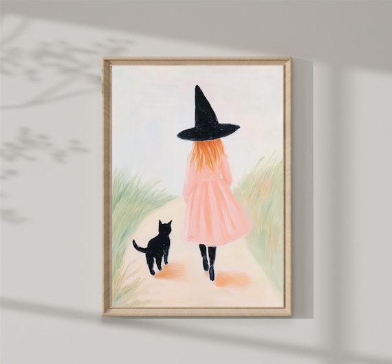 Little Witch Girl With Black Cat Walking Path Pink Halloween Print