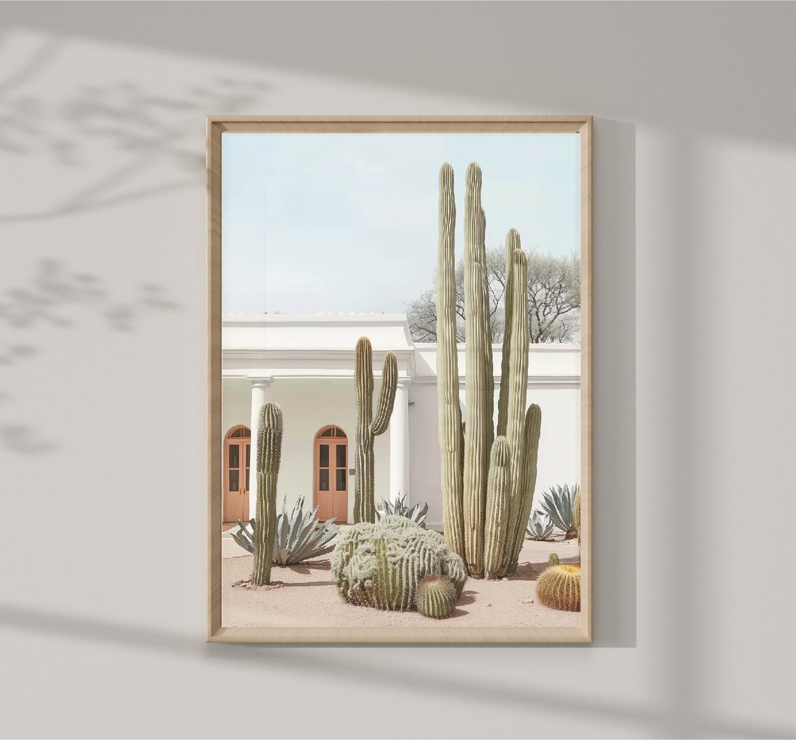 Desert Cactus Garden White Adobe Architecture Southwest Travel Poster