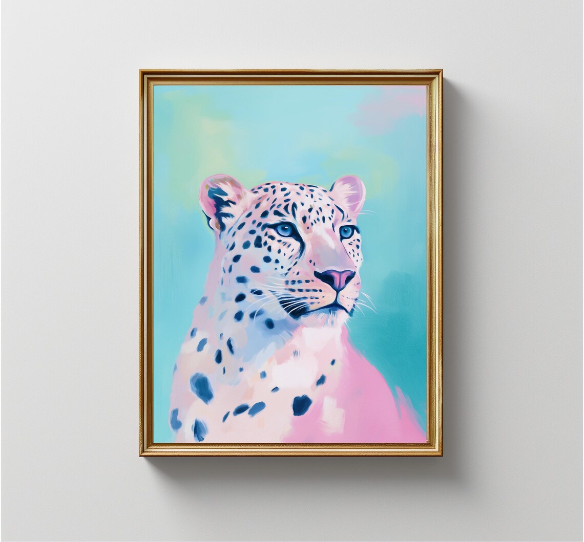 Pink Leopard Portrait Spotted Big Cat Teal Background Animal Wall Art - Image 4