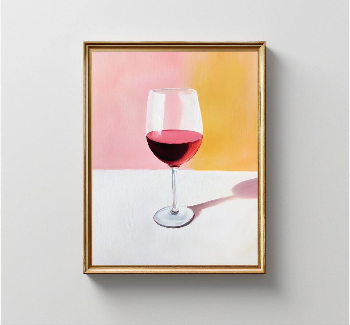 Red Wine Glass Pastel Pink Yellow Minimalist Bar Kitchen Art Print - Image 3