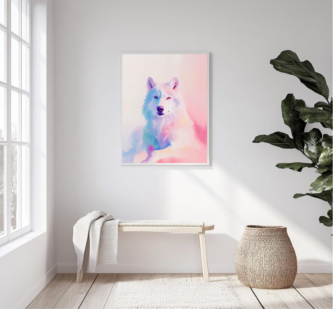 Cute Pastel Husky Dog Portrait Pink Blue Nursery Animal Wall Art - Image 5