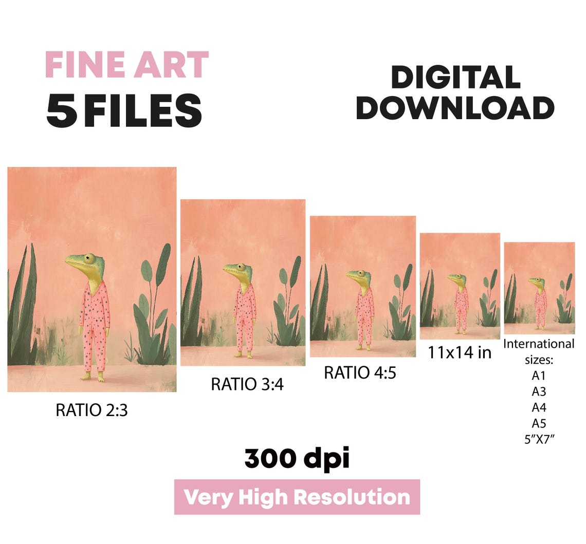 Colorful Cute Anthropomorphic Chameleon Dressed Pastel Wall Art Print Trendy Girly Watercolor Animal Trendy - Image 4