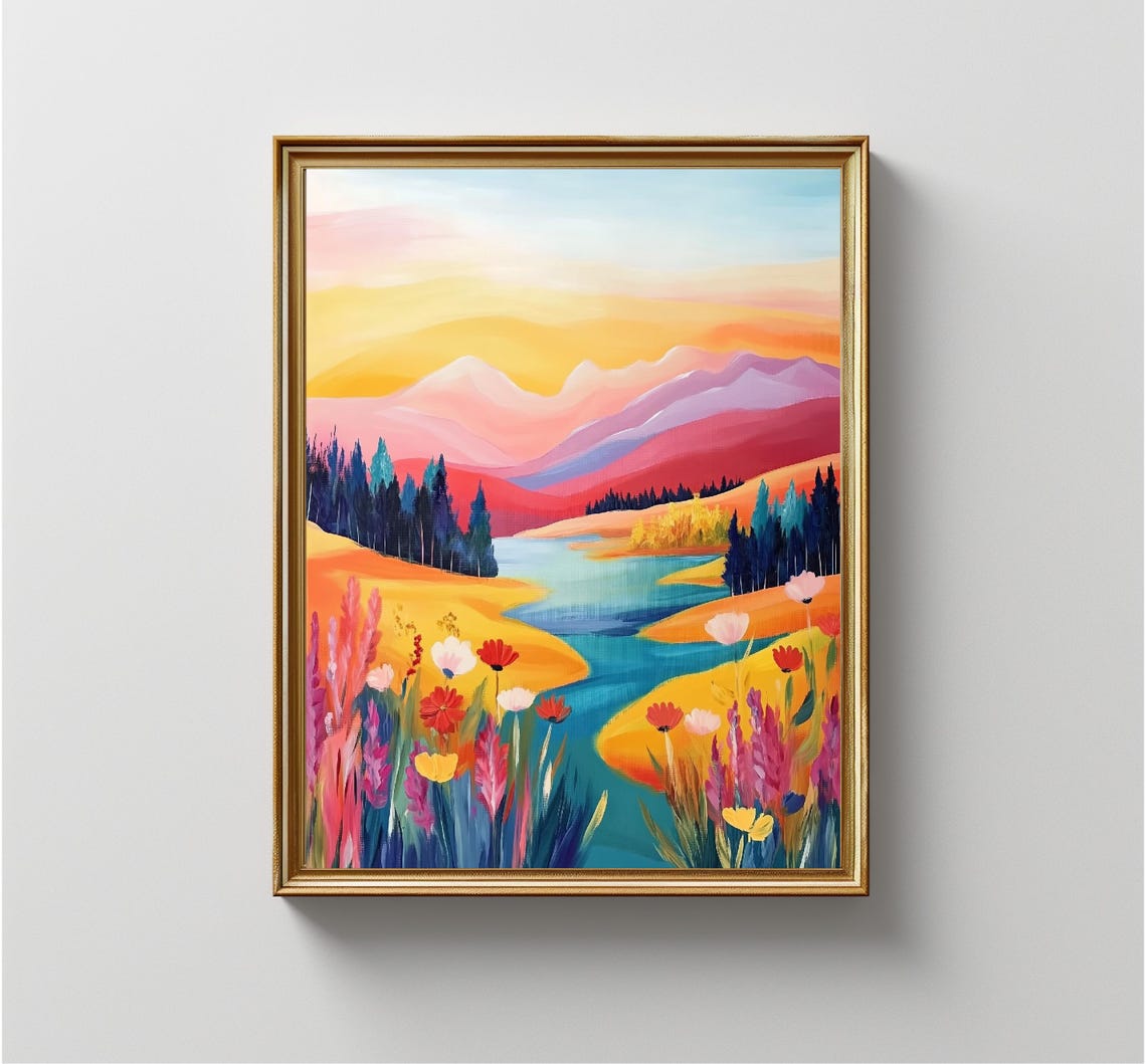 Mountain River Valley Sunset Wildflower Meadow Vivid Landscape Poster - Image 4