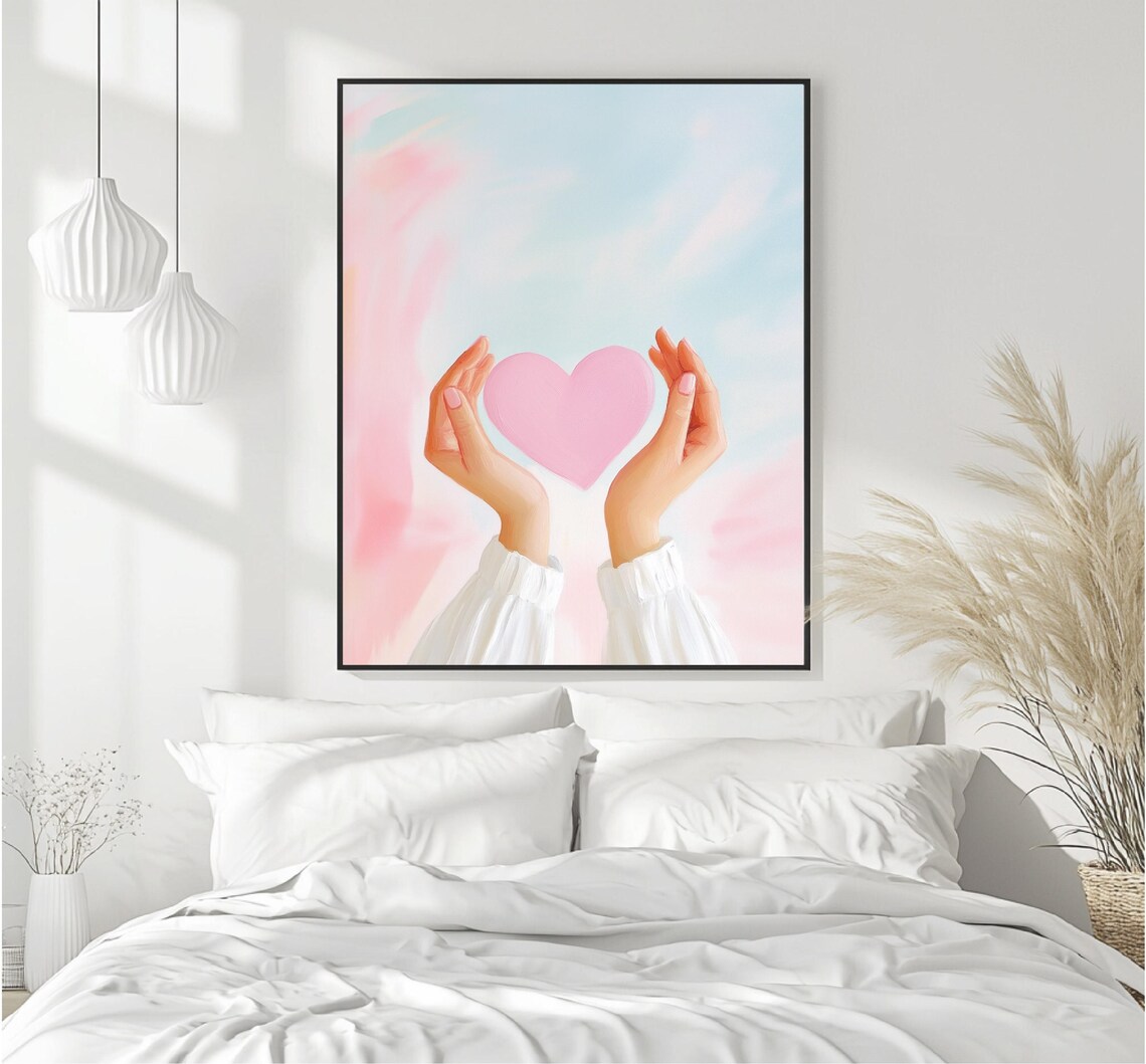 Hands Holding Pink Heart Pastel Watercolor Sky Love Wall Art Poster - Image 5