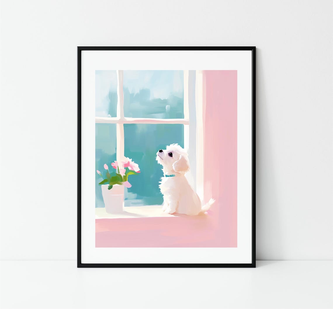 White Puppy Looking Out Window Pastel Nursery Kids Room Art Print - Image 3