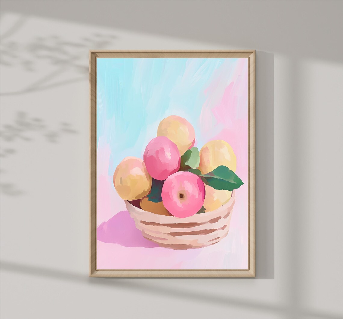 Bowl Of Pink Apples Pastel Fruit Still Life Kitchen Art Print