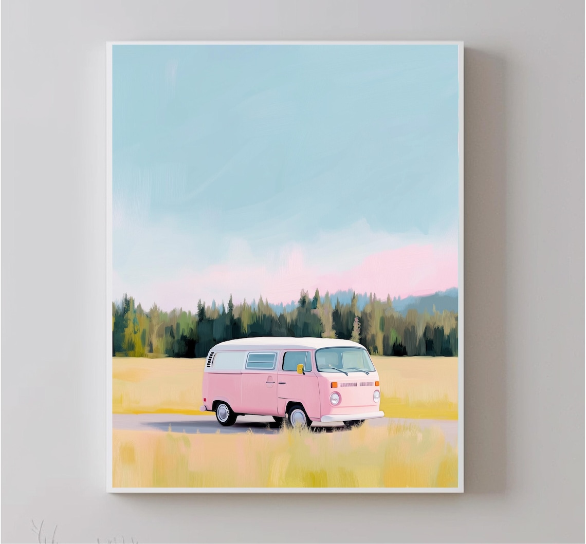 Pink Vintage Van In Golden Meadow Pastel Road Trip Art Poster