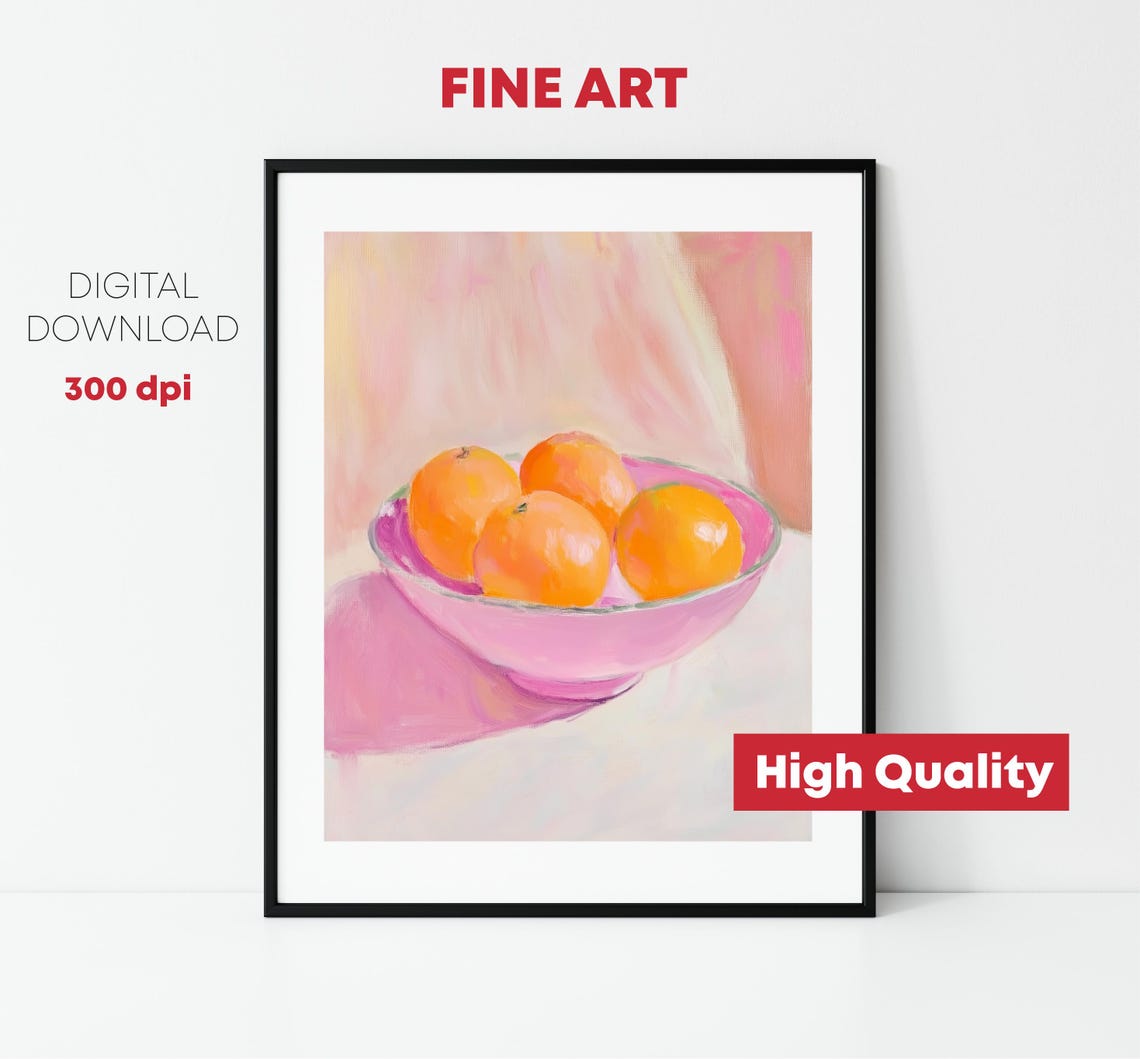 Pastel Oranges In Pink Bowl Sunny Still Life Kitchen Decor Print - Image 2